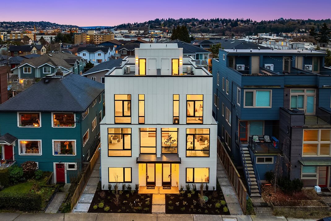 exterior aerial photo of urban infill townhome.