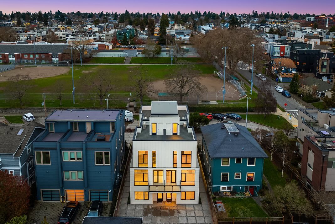 exterior aerial photo of urban infill townhome.