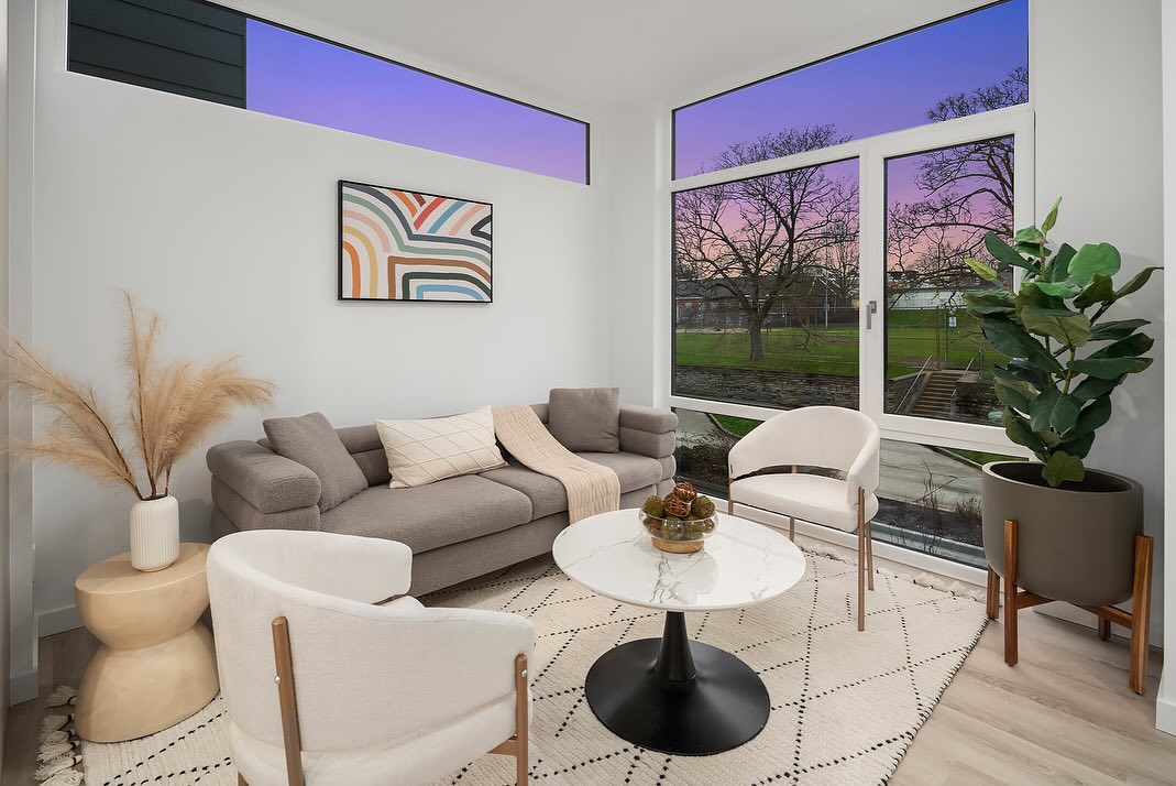 interior photo of living room in urban infill townhome.