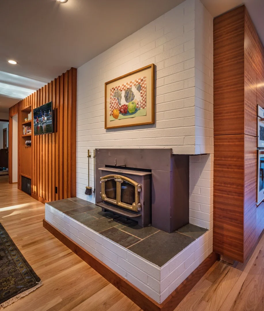 mid-century modern interior fireplace view.