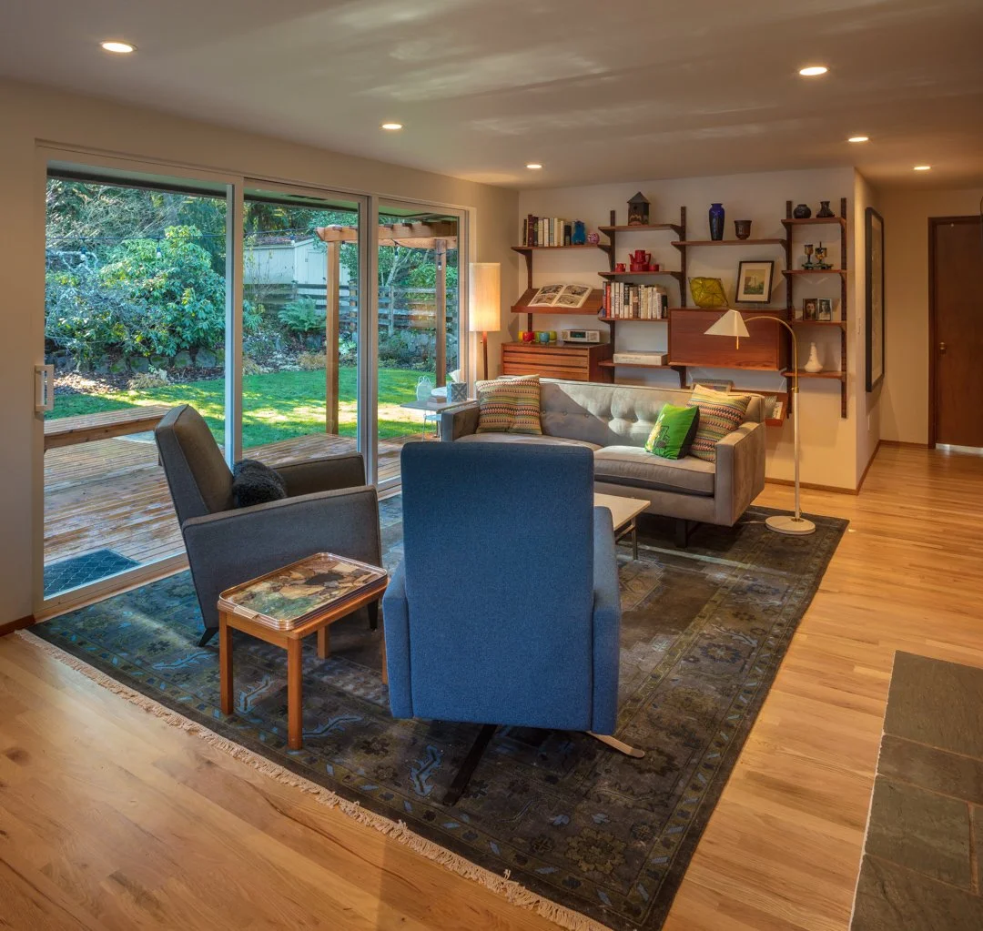 mid-century modern interior living room view.