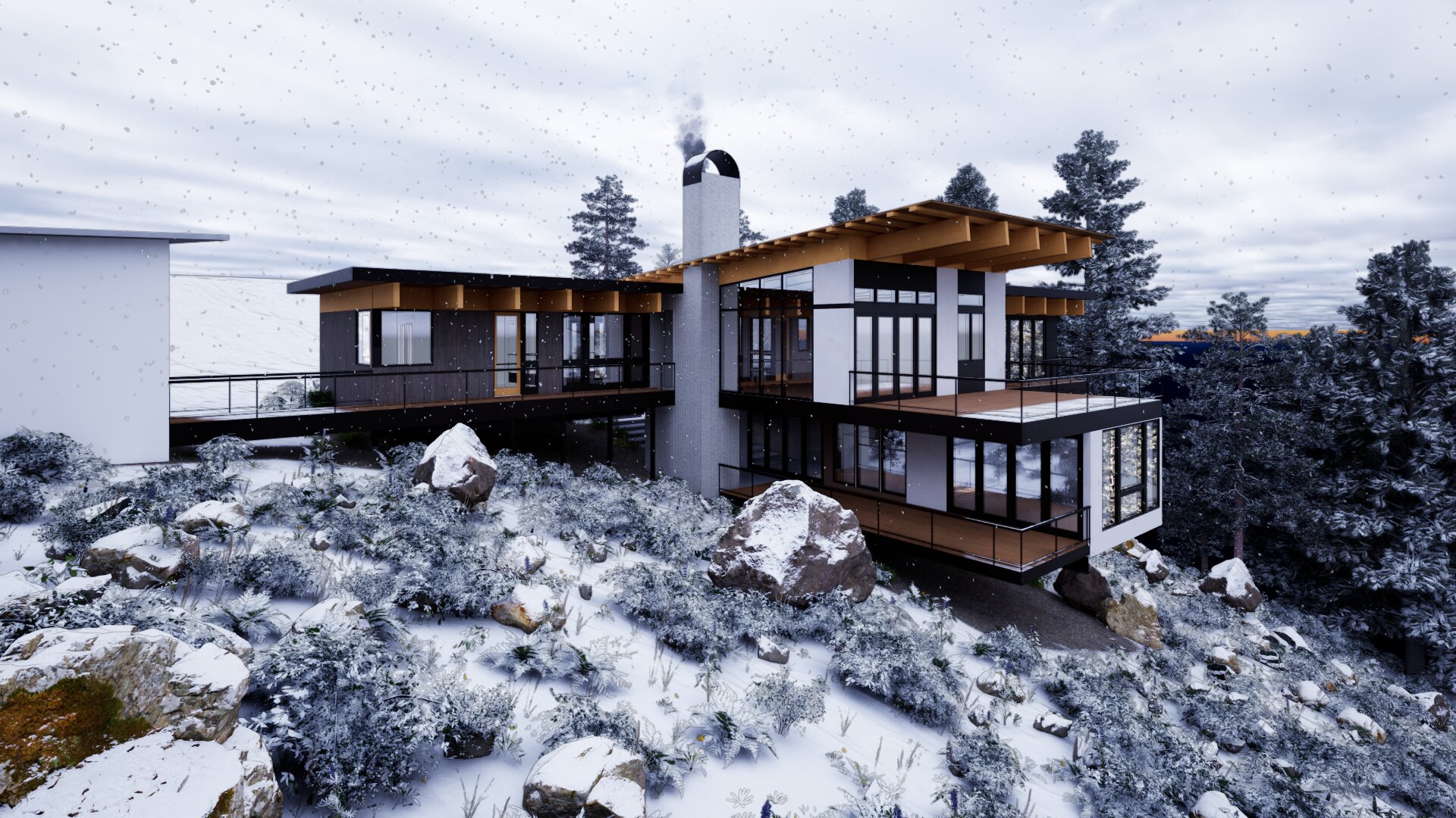 View of mountain home looking from side.