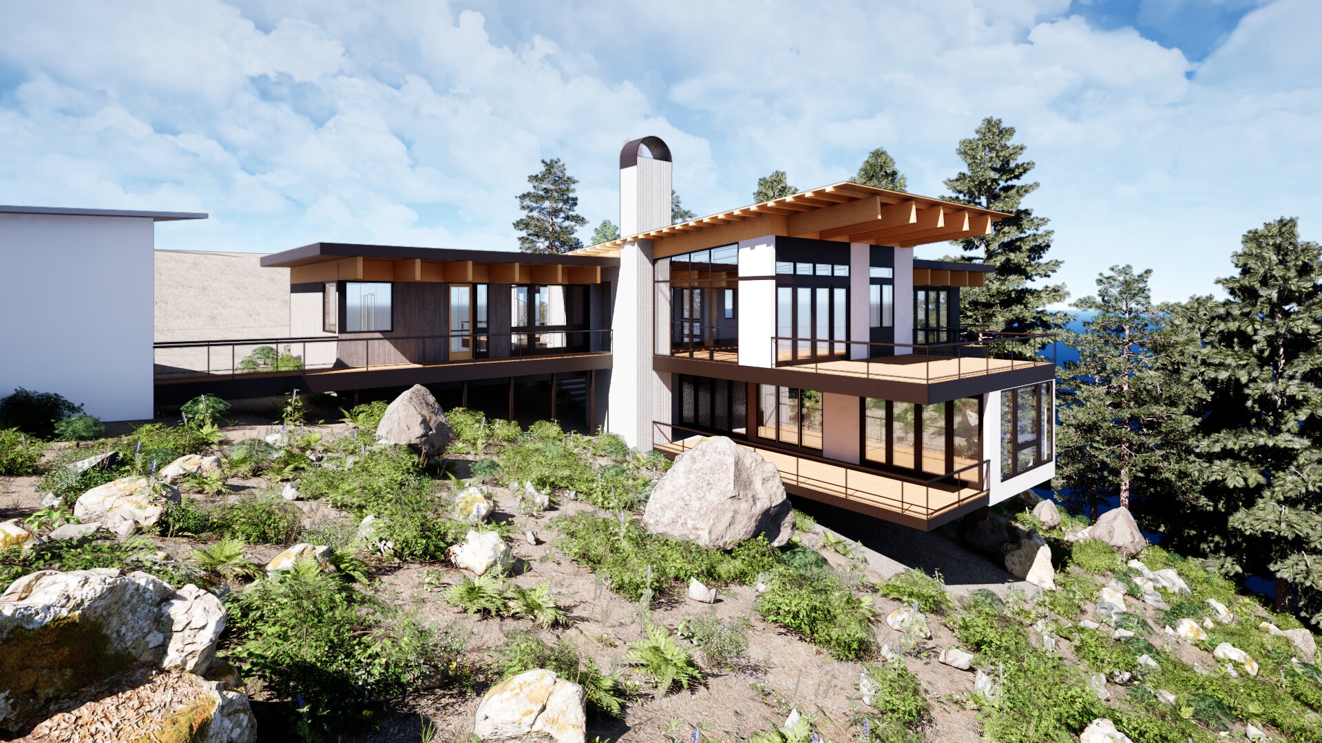 View of mountain home looking from below.