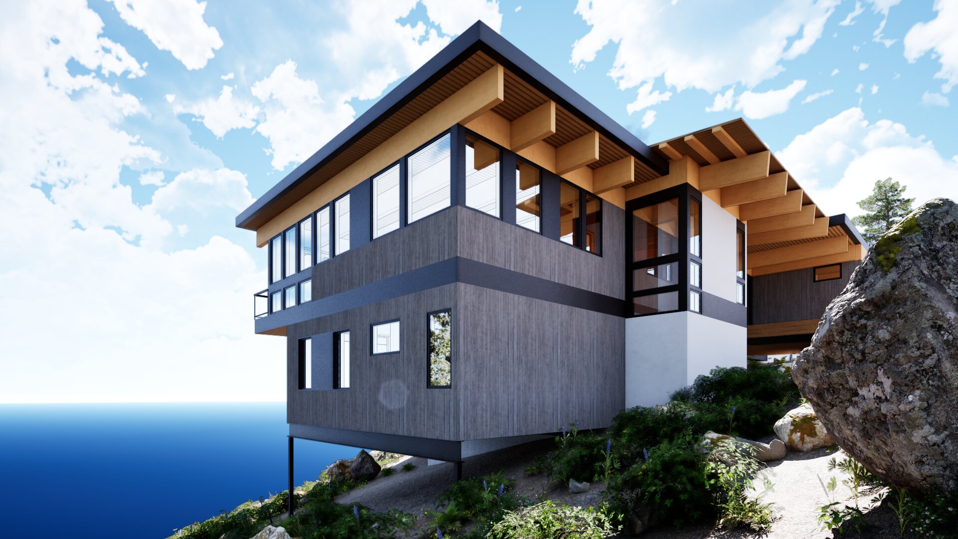 View of mountain home looking from below.