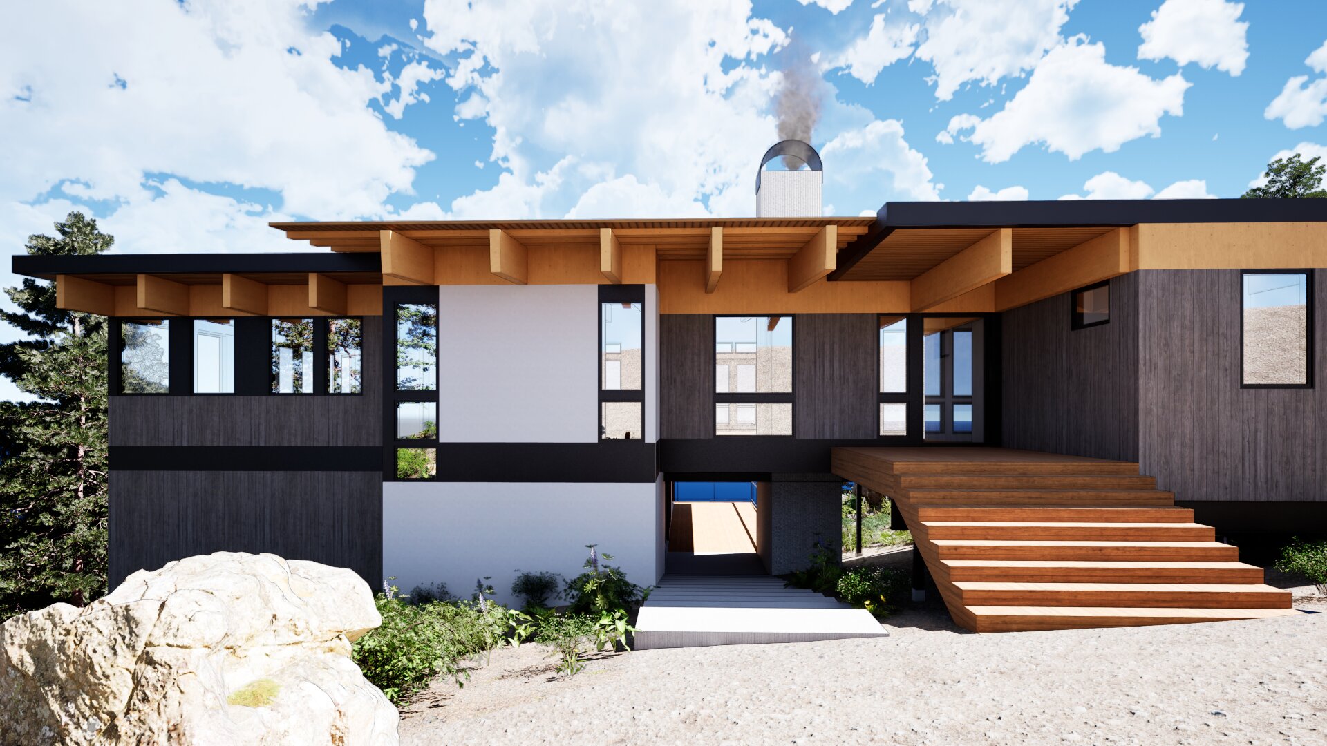 View of mountain home looking from main entry driveway.