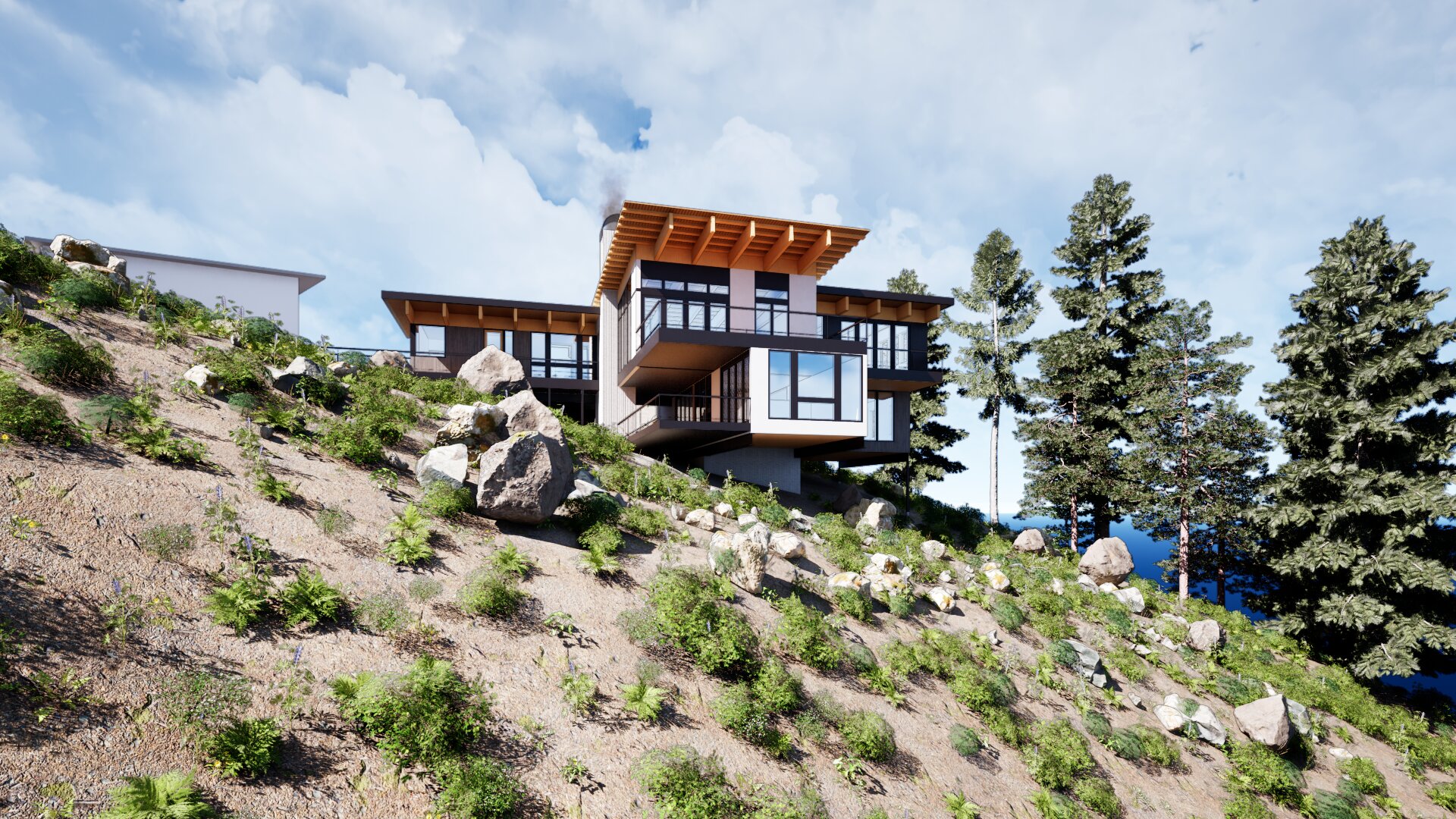 View of mountain home looking from below.