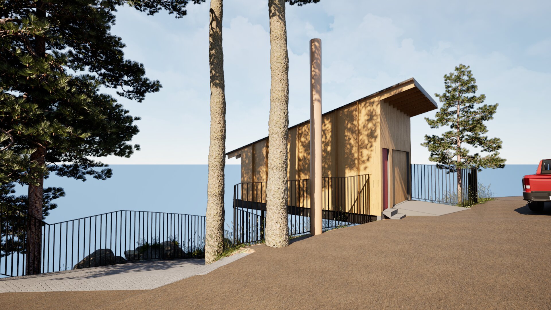 Accessory dwelling unit on stilts looking from main road down toward entry path.