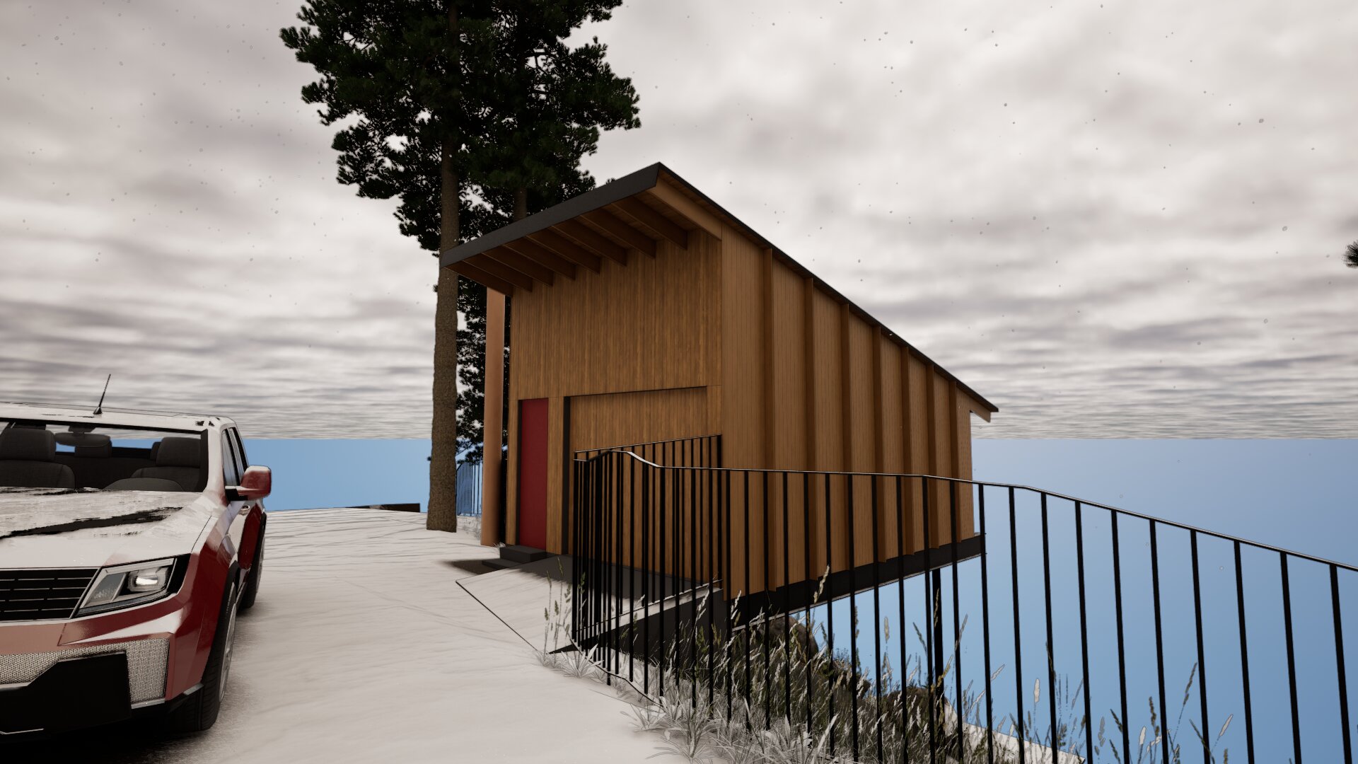 Accessory dwelling unit viewed from up the road towards lake.