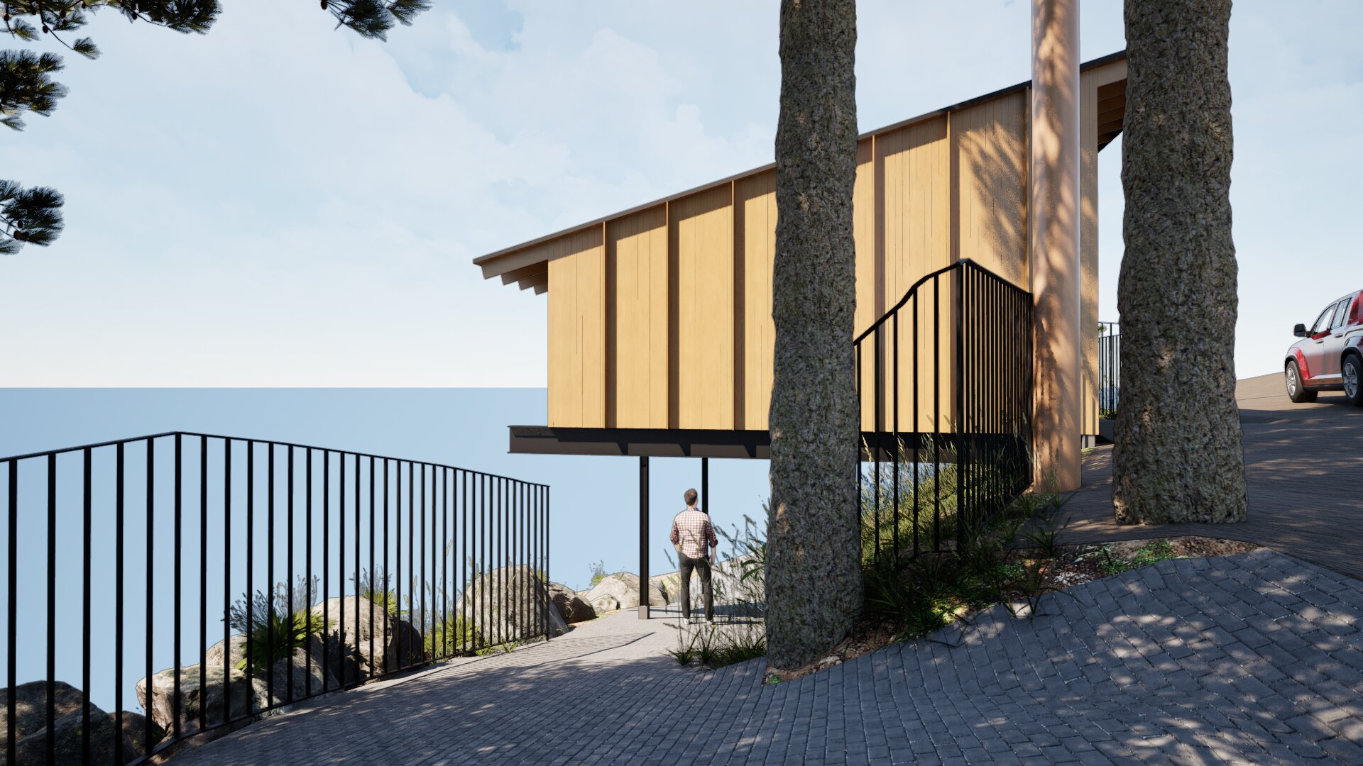 Accessory dwelling unit on stilts looking from beginning of path from above.