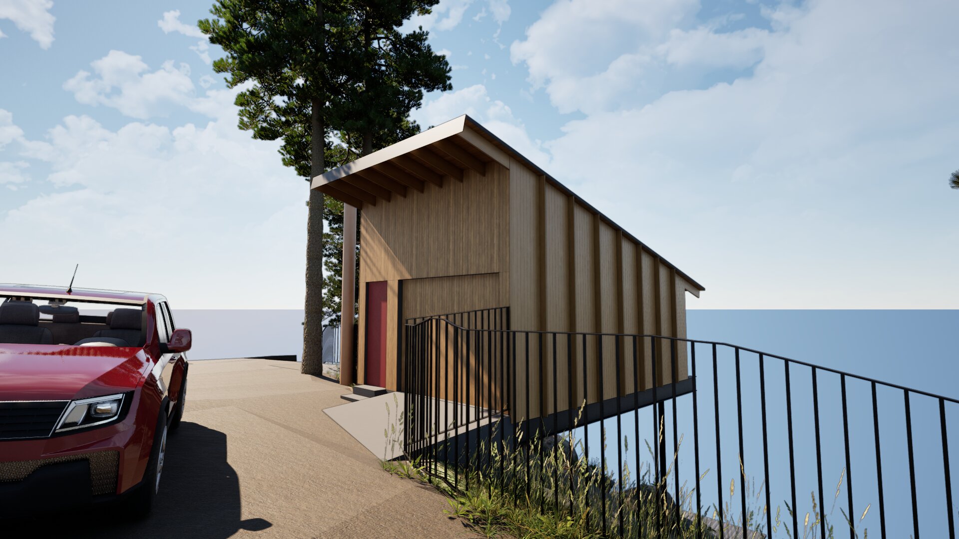 Accessory dwelling unit viewed from up the road towards lake.
