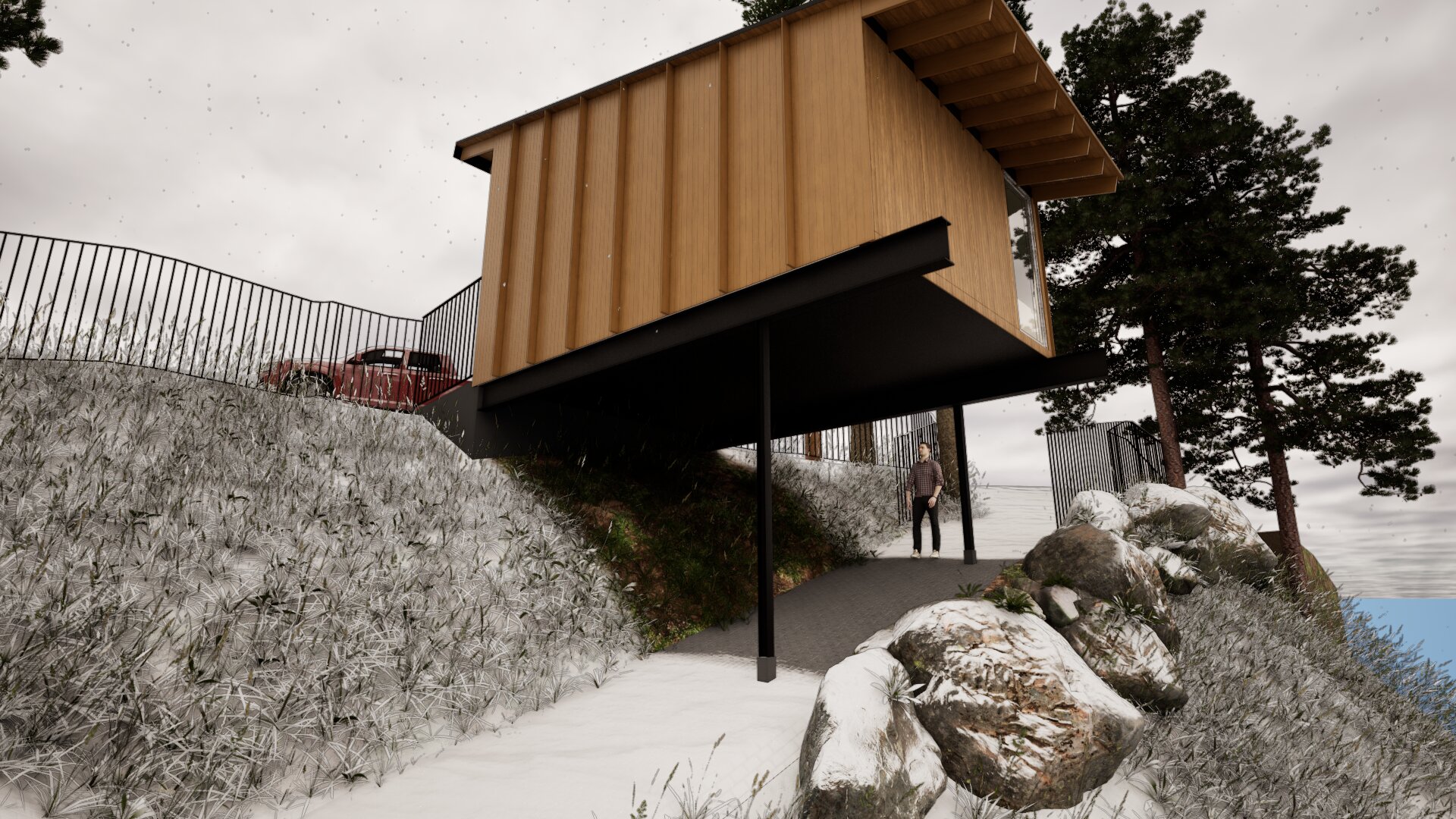 Accessory dwelling unit on stilts looking from below.
