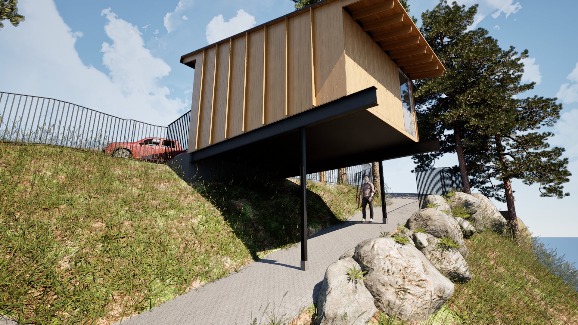 Accessory dwelling unit on stilts looking from below.
